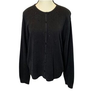 Carolyn Taylor Luxury Black Beaded Cardigan Sweater Large Crew Neck Button Front